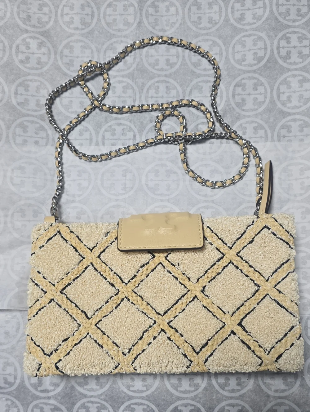 Tory Burch Cream Quilted Shearling Crossbody with Chain Strap
